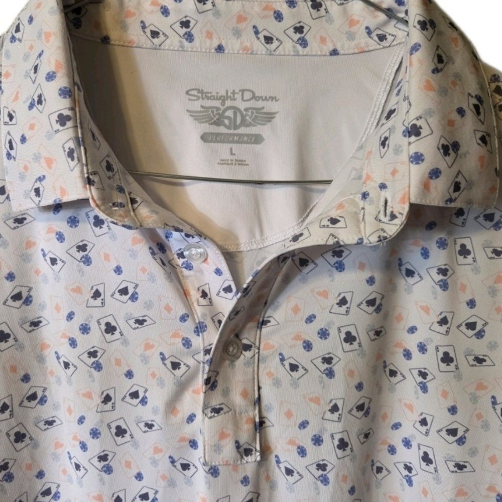 Straight Down Performance Golf Polo Mens Large White Blue Playing Cards Poker